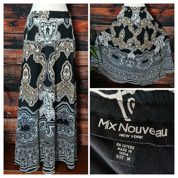 Mix Nouveau Maxi Skirt M Full Flowy Boho Lined Black White Gold Stretch - Picture 1 of 9